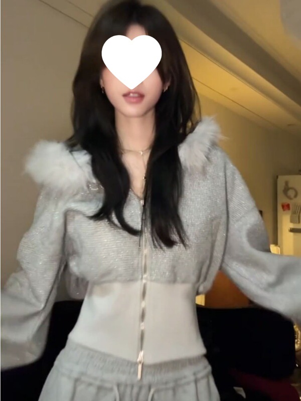 灰色银闪短款重磅加绒长袖外套重工设计感秋冬气质毛领修身卫衣潮|undefined