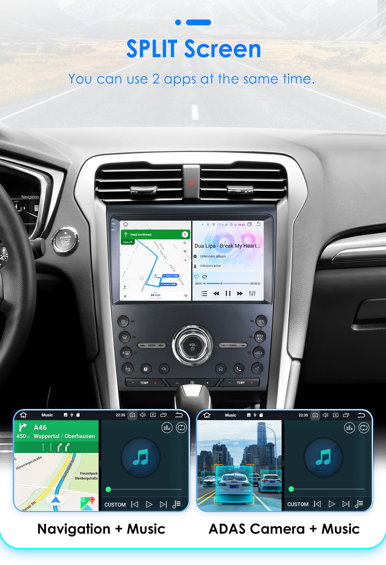 Compatible with Ford Mondeo and Ford Fusion 2nd generation (models 2013-2019) large-screen Android car navigation with CarPlay