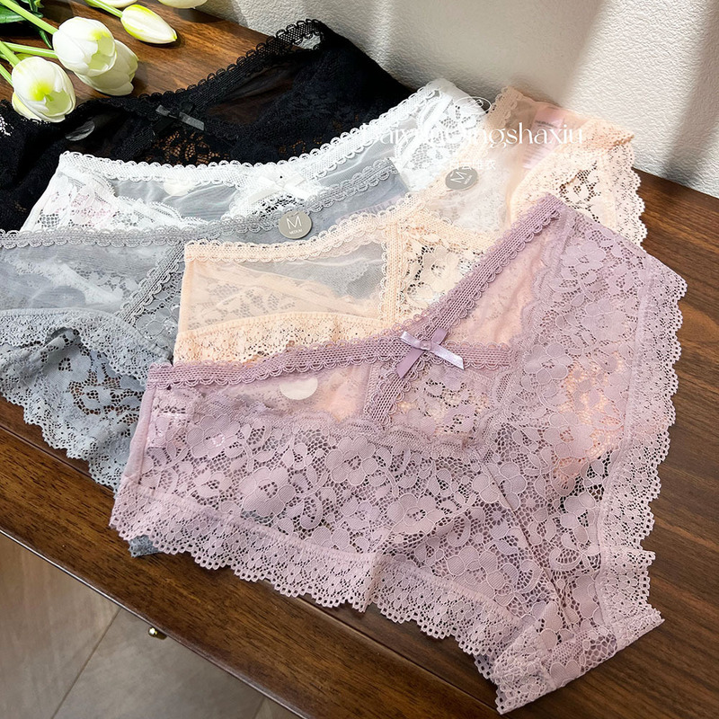 Sexy Lace Women's Panties with Half-Coverage, Transparent Cross-Tie Low-Rise Briefs for Girls