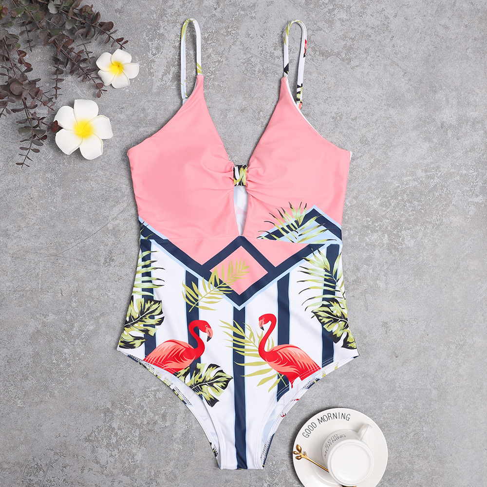 flamingo print sexy striped one-piece swimsuit  NSHL38190