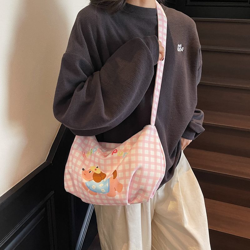 New cute Dachshund box checkered single-shoulder bag for girls, cartoon crossbody canvas bag for girls, and commuting bag for girls' classes undefined