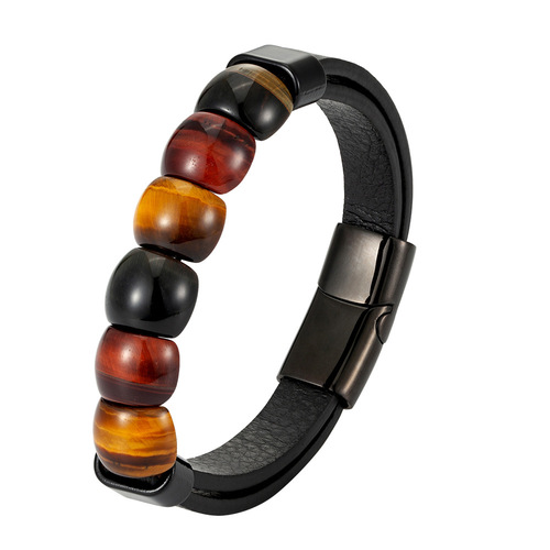 Cross-border fashion men's stainless steel multi-layer leather bracelet tiger's eye stone bead bracelet direct from the workshop wholesale