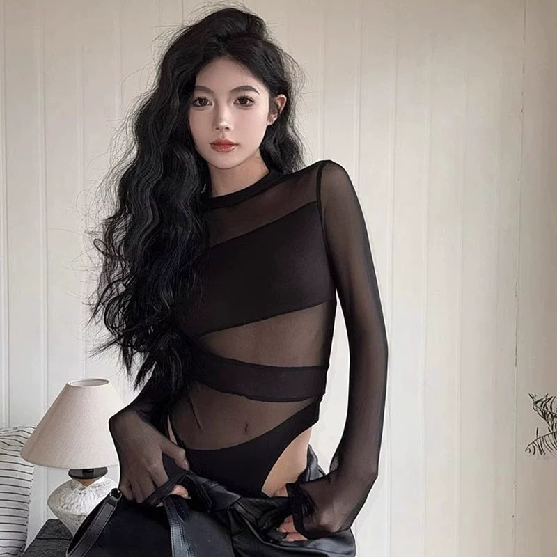 Внешняя торговля, трансграничная весна и лето, новая сексуальная сетчатая рубашка с низом, женская облегающая рубашка с внутренним вырезом, цельный топ