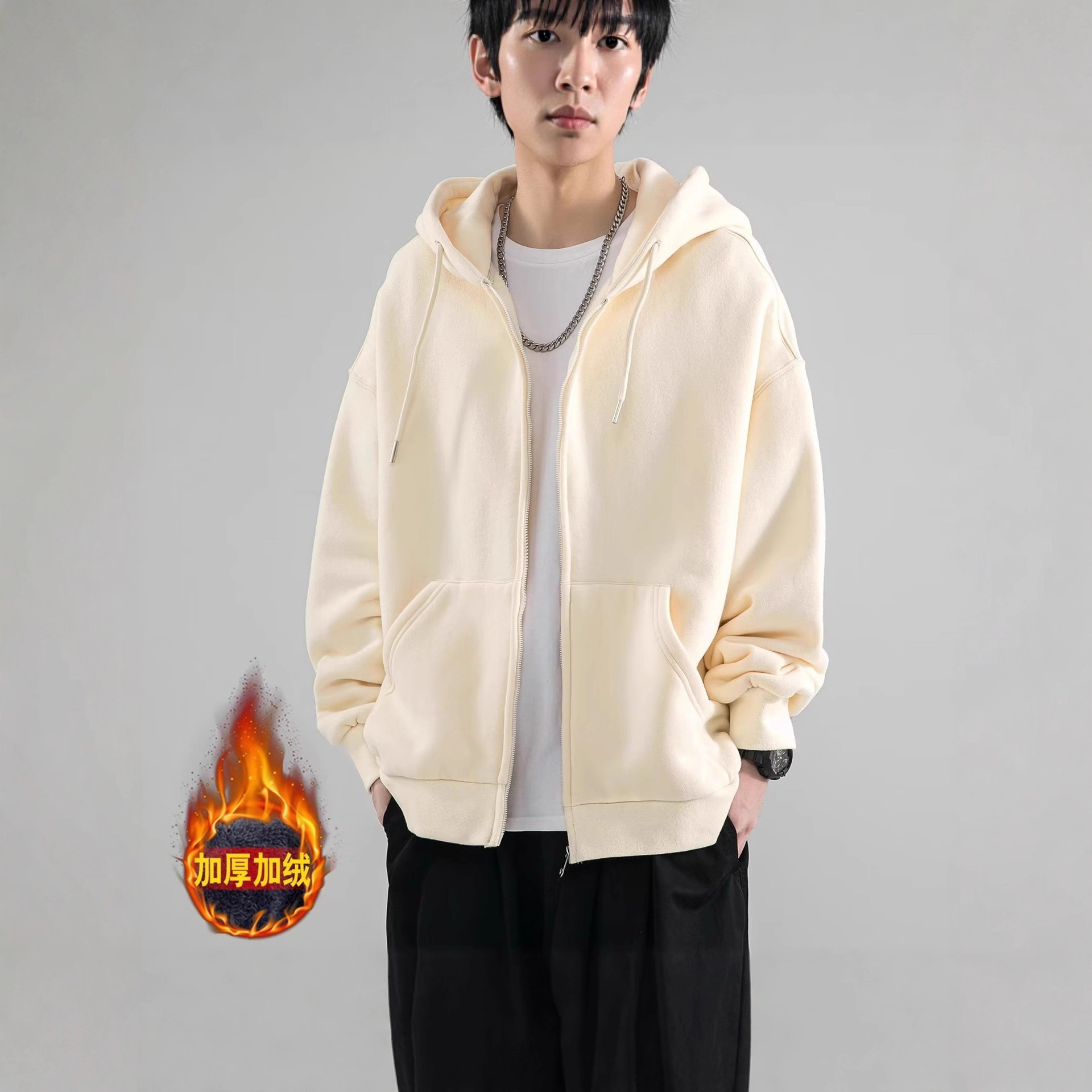 Hooded Solid Color Cardigan Jacket Autumn and Winter Trendy Brand Fleece Thickened Loose Fit for Teenagers Men's Clothing 2025 New Model