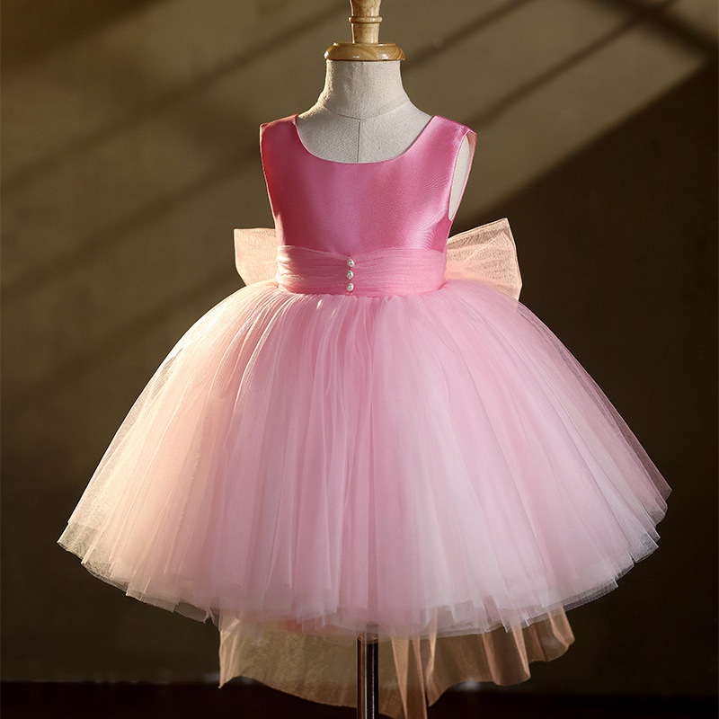 Pink Girls' 2026 New Sleeveless Tulle Bow Puffy Children's Birthday Princess Dress_voghion.com