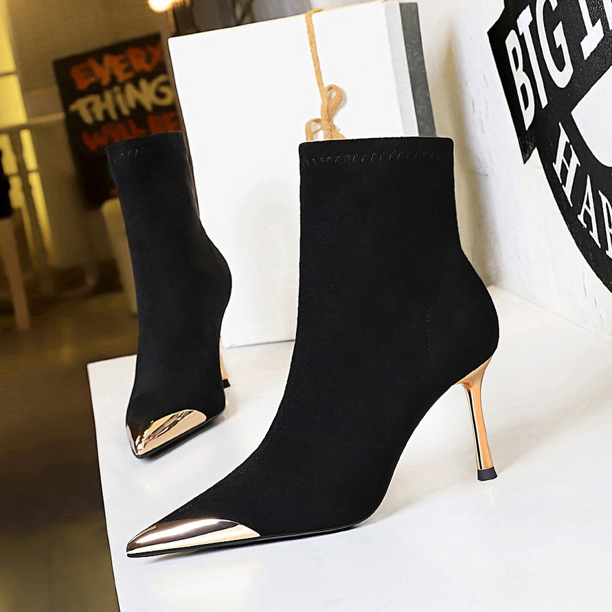 319-12 European And American Style Fahion Party Women' Tube Thin High Heel Metal Pointed Toe Slimming Suede Short_vogvips.com