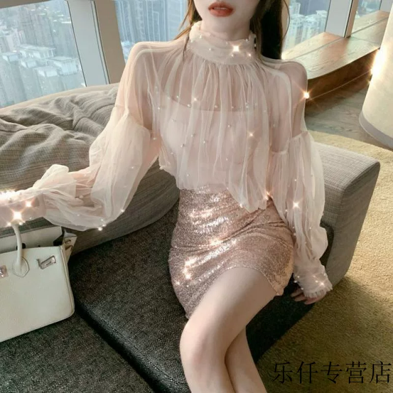 [2023年夏季装新款其它/醋酯纤维透视超仙花瓣袖长袖打底衫衫女+性]