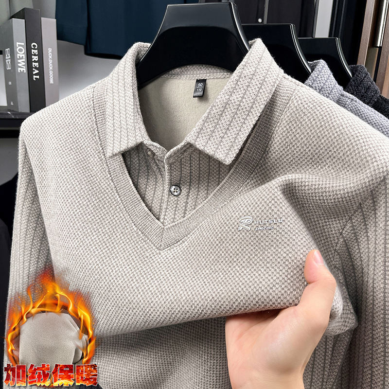 Factory Direct Hot-Selling Winter Men's Faux Two-Piece Sweater with a Turn-Down Collar, Fleece-Lined and Thickened, Dad's Warm Knitwear