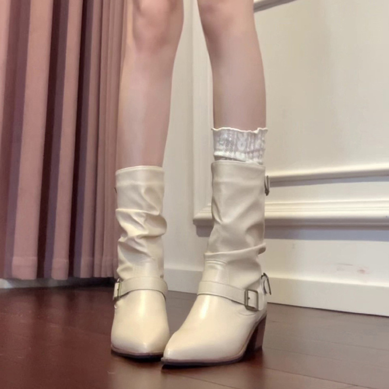 牛皮版~2025新款复古堆堆长筒靴女不过膝百搭尖头粗跟高筒骑士靴|undefined