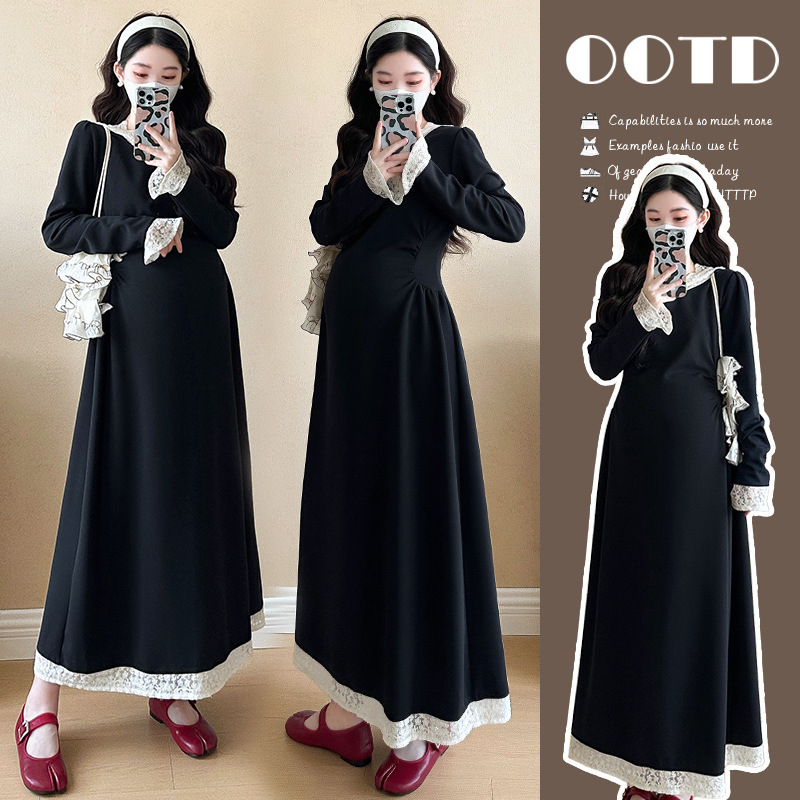 Maternity Autumn Dress 2025 New Spring and Autumn Style Set Fashionable Elegant Slim Versatile Lace Early Autumn Long Dress