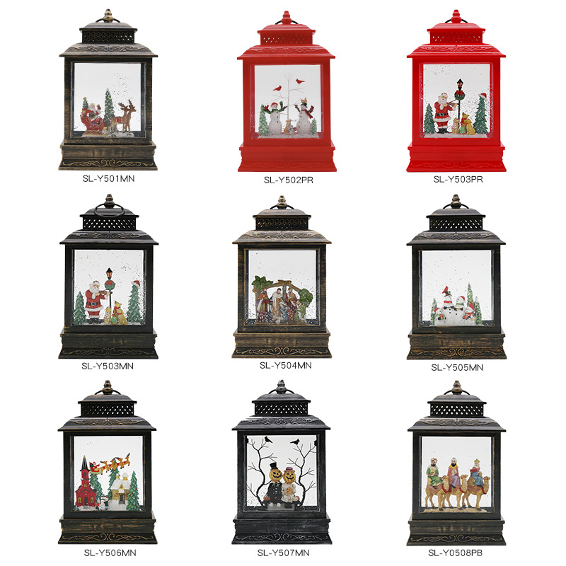 梦幻圣诞飘雪LED发光内景复古扁风灯工艺品手提油灯礼品摆件装饰
