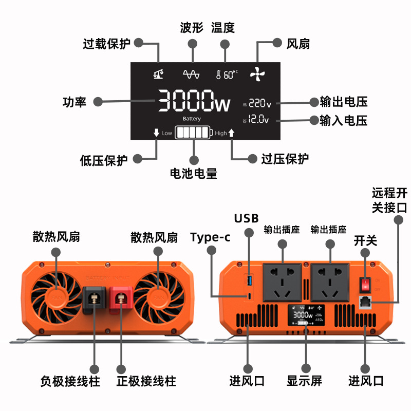 Inversor de onda sinusoidal pura potencia completa 2000W3000W12v24v48V a 220V convertidor de camión doméstico