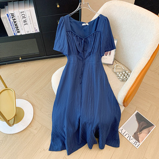 300 Jin plus size Women's chubby girl French Square Collar Waist Short Sleeve Tea Break Skirt Spring and Summer New Draped Split Skirt