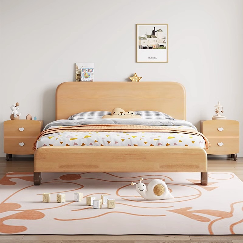 全實木兒童床男孩女孩木蠟油1.35m臥室單人床現代簡約1.5米櫸木床