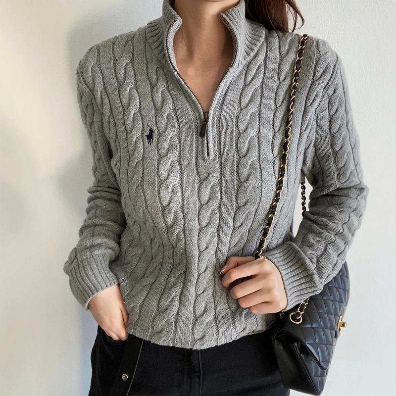 RL Ralph Lauren autumn and winter cable knit embroidered couple's half-zip sweater for women, with QR code for scanning, stand-up collar knitwear for men RL Ralph Lauren autumn and winter cable knit embroidered couple's half-zip sweater for women, with QR code for scanning, stand-up collar knitwear for men