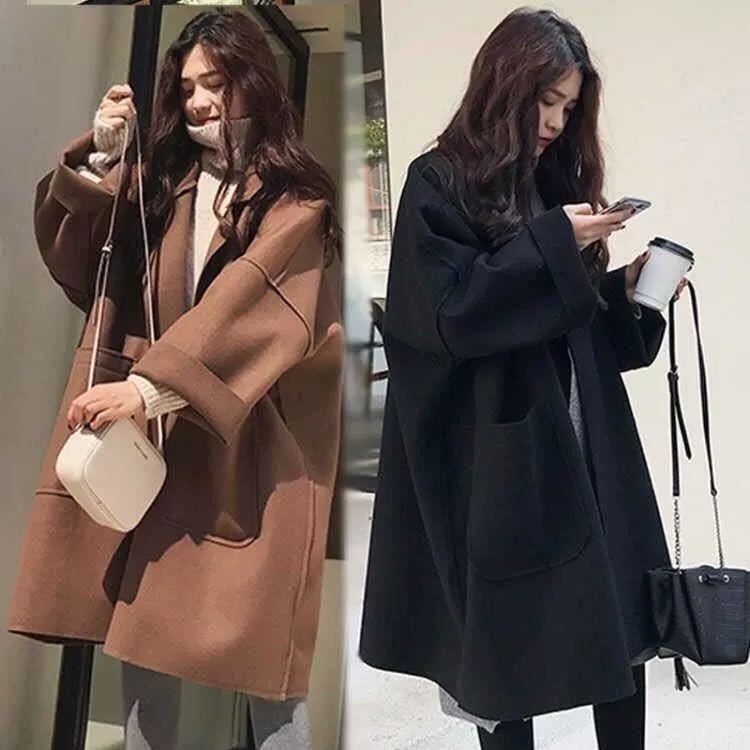 Демисезонное шерстяное пальто, удлиненная куртка, для подростков, plus size, коллекция 2023 года, корейский стиль, средняя длина