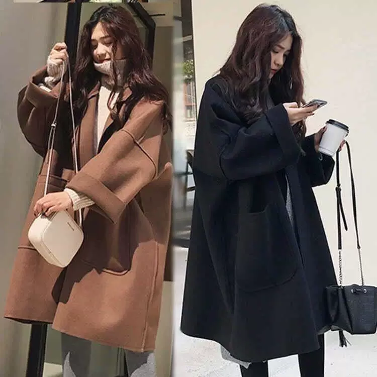 Демисезонное шерстяное пальто, удлиненная куртка, для подростков, plus size, коллекция 2023 года, корейский стиль, средняя длина