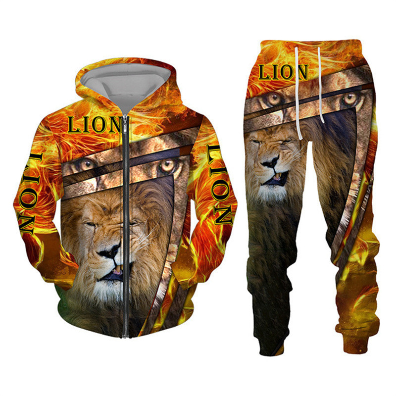 Cross border new autumn and winter men's zipper lion king sweater suit 3D printing sportswear long sleeve men's suit Cross border new autumn and winter men's zipper lion king sweater suit 3D printing sportswear long sleeve men's suit
