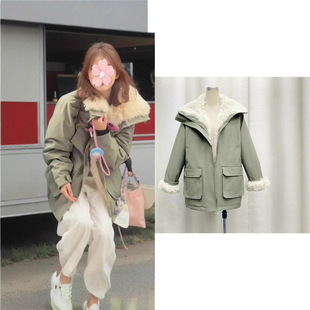 Zhao Lusi with Army Green overalls women 2024 winter new thick lamb velvet stitching cotton-padded jacket coat