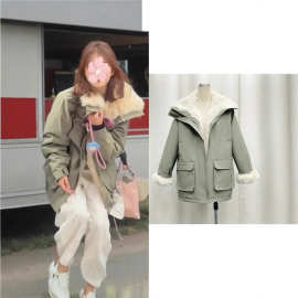 赵露思同款 军绿色工装棉衣女2024冬季新款厚羊羔绒拼接棉服外套