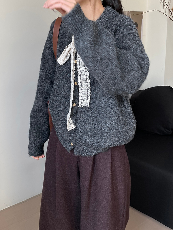 韩系系带蕾丝蝴蝶结圆领毛衣外套女装秋冬宽松爱心金扣子针织开衫|undefined