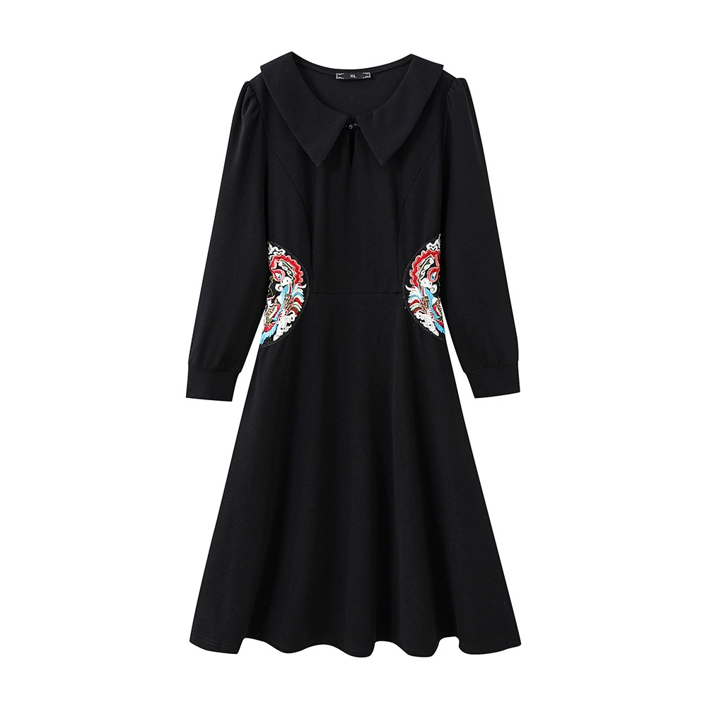 2024 осенний новый большой размер жирного мм вышитого платья с тонким дизайном с длинными рукавами, покрывающие юбку в китайском стиле
