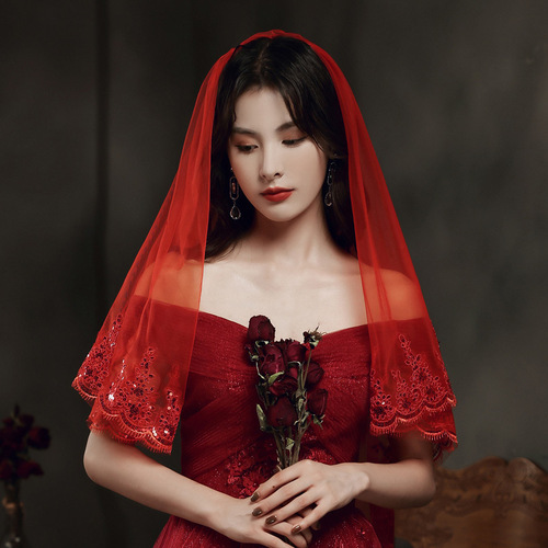 Red Veil Brides' Main Wedding Dress Long Version Xiaohuo Dress Red Covering Wedding Short Lace Chinese Retro Style Net Fabric