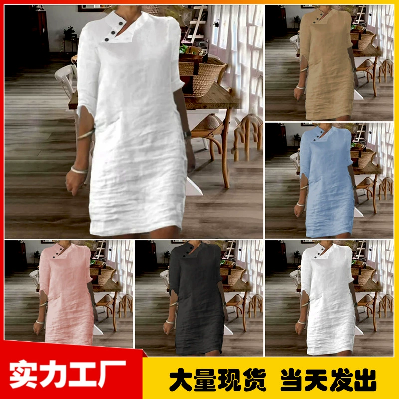 2023 Amazon Independent Station Весна и лето Новое Повседневное платье со средним рукавом и воротником на пуговицах из хлопка и льна