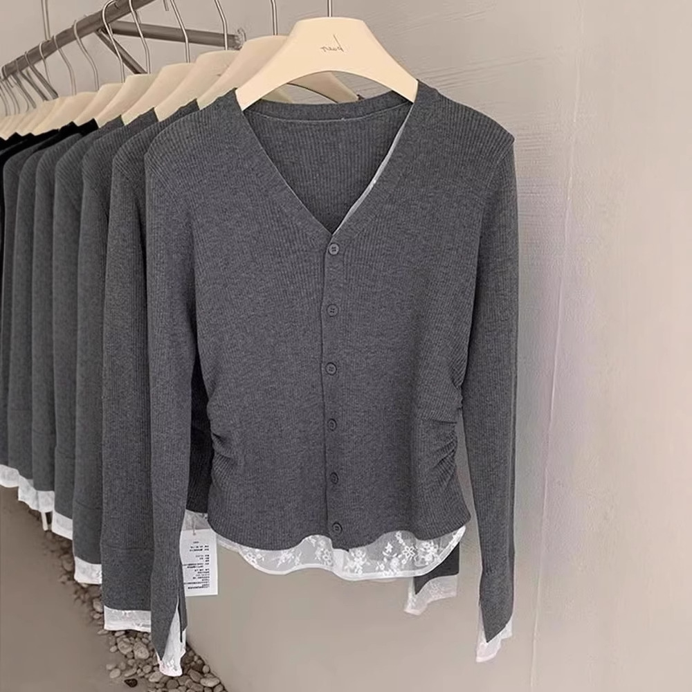 Design sense 2025 early spring lace stitching knitted cardigan long sleeve popular Korean fashion unique top comfortable women