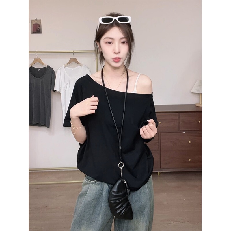 2025 New Black off-shoulder Short-sleeved T-shirt Women's Xia Chun Wants Oblique Collar Shoulder Loose Slimming Chic Top