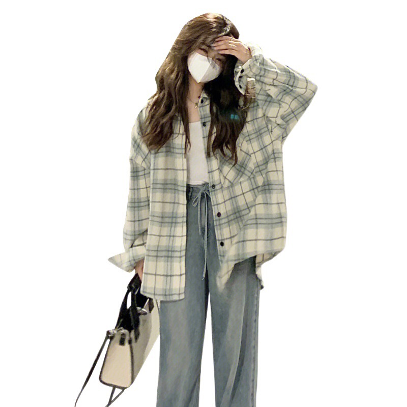 春と秋の新しい緑の格子のシャツのコートの女性の香港風の小さい大衆はカップルのシャツのins潮の学生の上着を設計します。|undefined