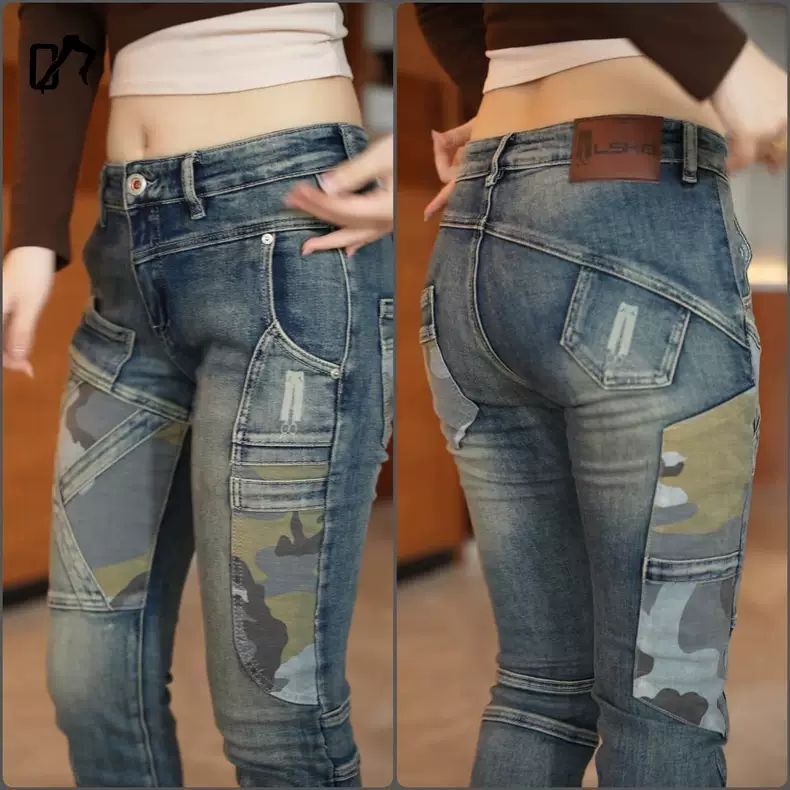 Men's Stretch Denim Motorcycle Tactical Pants Trendy Retro Heavy-Duty Jeans Men