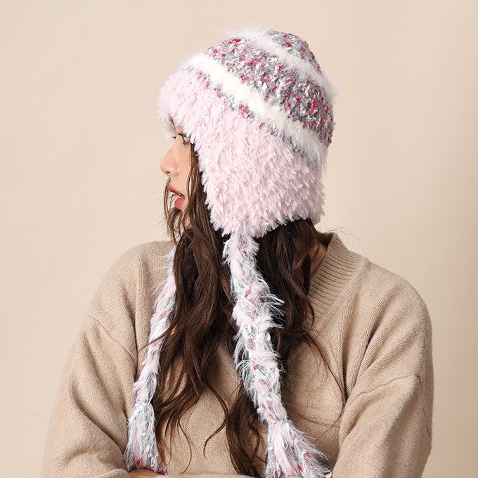 Cappello di lana lavorato a maglia con lacci colorati per donna autunno inverno nuovo caldo protezione per le orecchie e fascia per la testa a strisce colorate_voghion.com