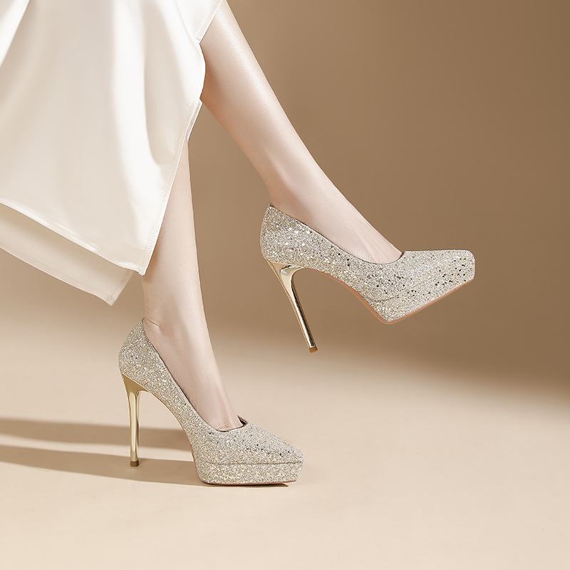 Giày cao gót nữ mũi nhọn đế xuồng sequin lấp lánh gót 12 cm — Rượu sâm banh