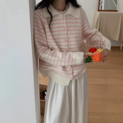 韩系复古条纹翻领针织开衫女2025秋冬新款宽松休闲慵懒风毛衣外套