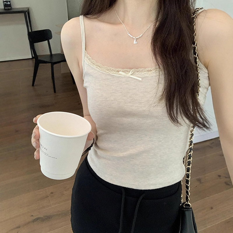 Summer 2026 Gentle Style Lace Camisole Women's Bow-Knot Patchwork Elastic Short Top Sweet Bm White Tank Top