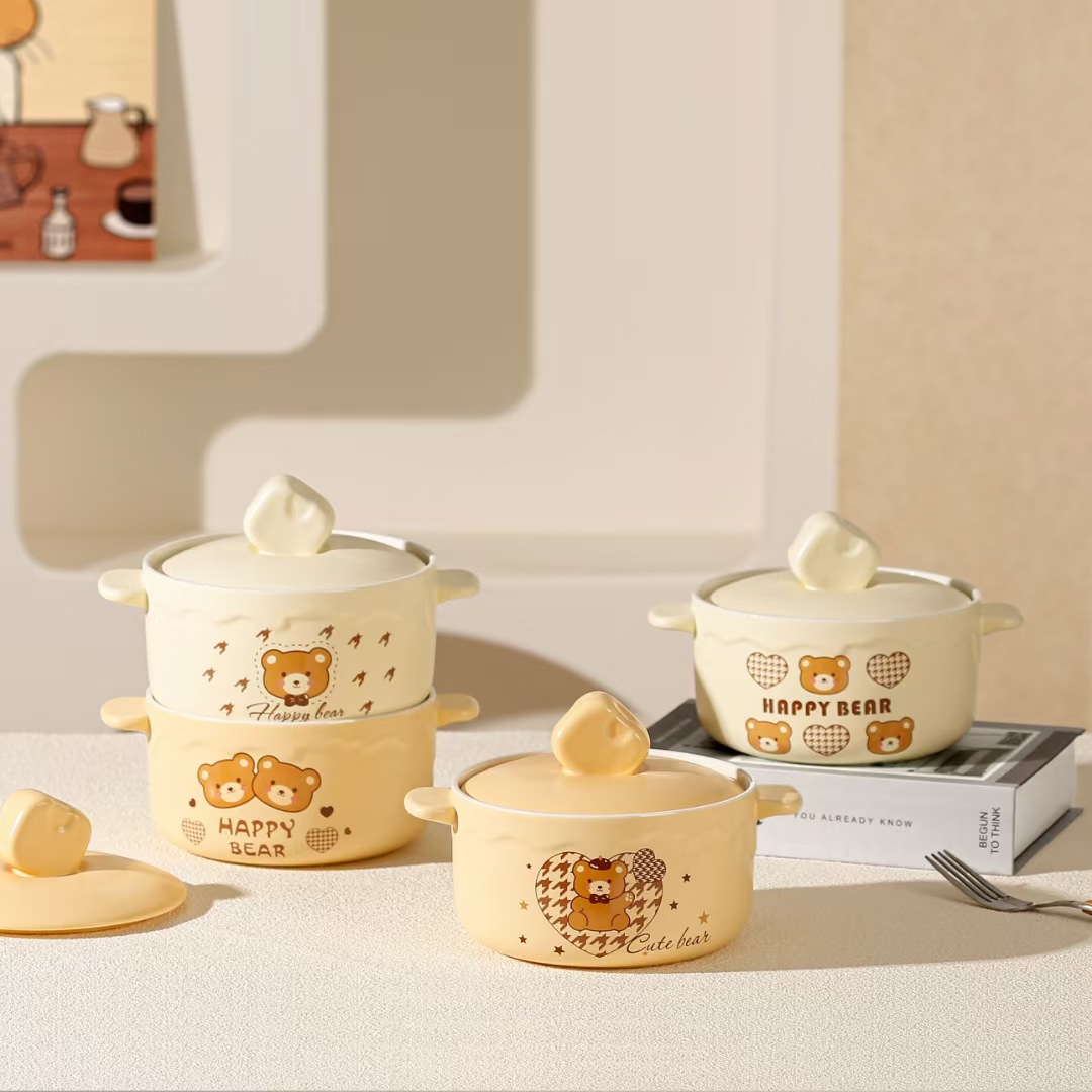 Creativo y lindo oso cerámico bol de fideos de alta cara regalo de dibujos animados leche fu fu bol de ensalada de orejas tazón de gran capacidad image 4