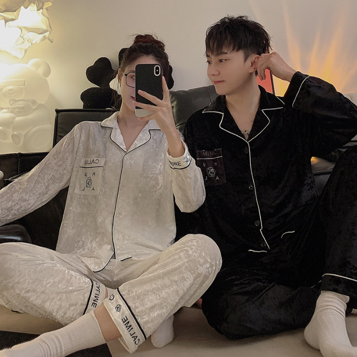 Pareja de pijamas de primavera y otoño de terciopelo dorado de manga larga de mujer de alto grado Camelia 2023 nuevos hombres de invierno homewear