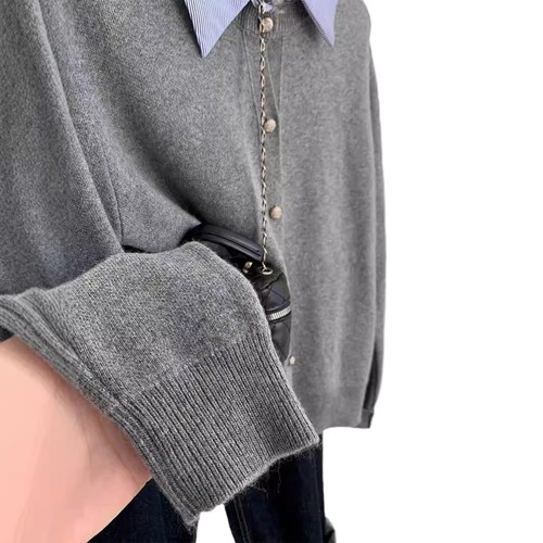 Grey polo neck cardigan women's winter autumn thick knitting jacket for petite women