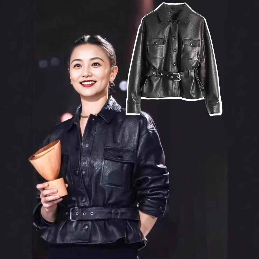 In-Stock Song Jia Style Women's Short Leather Jacket 2025 Spring and Autumn New Waist-Slimming Biker Leather Jacket Top