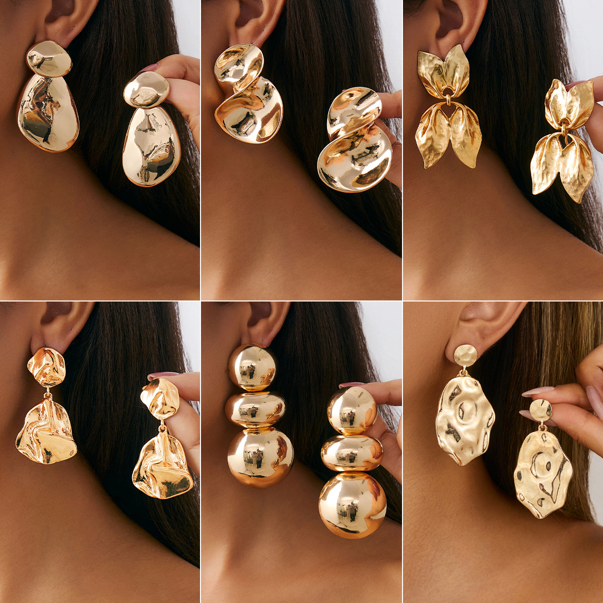 欧美跨境ins风液态金属褶皱树叶耳钉 设计感几何光面耳饰earrings