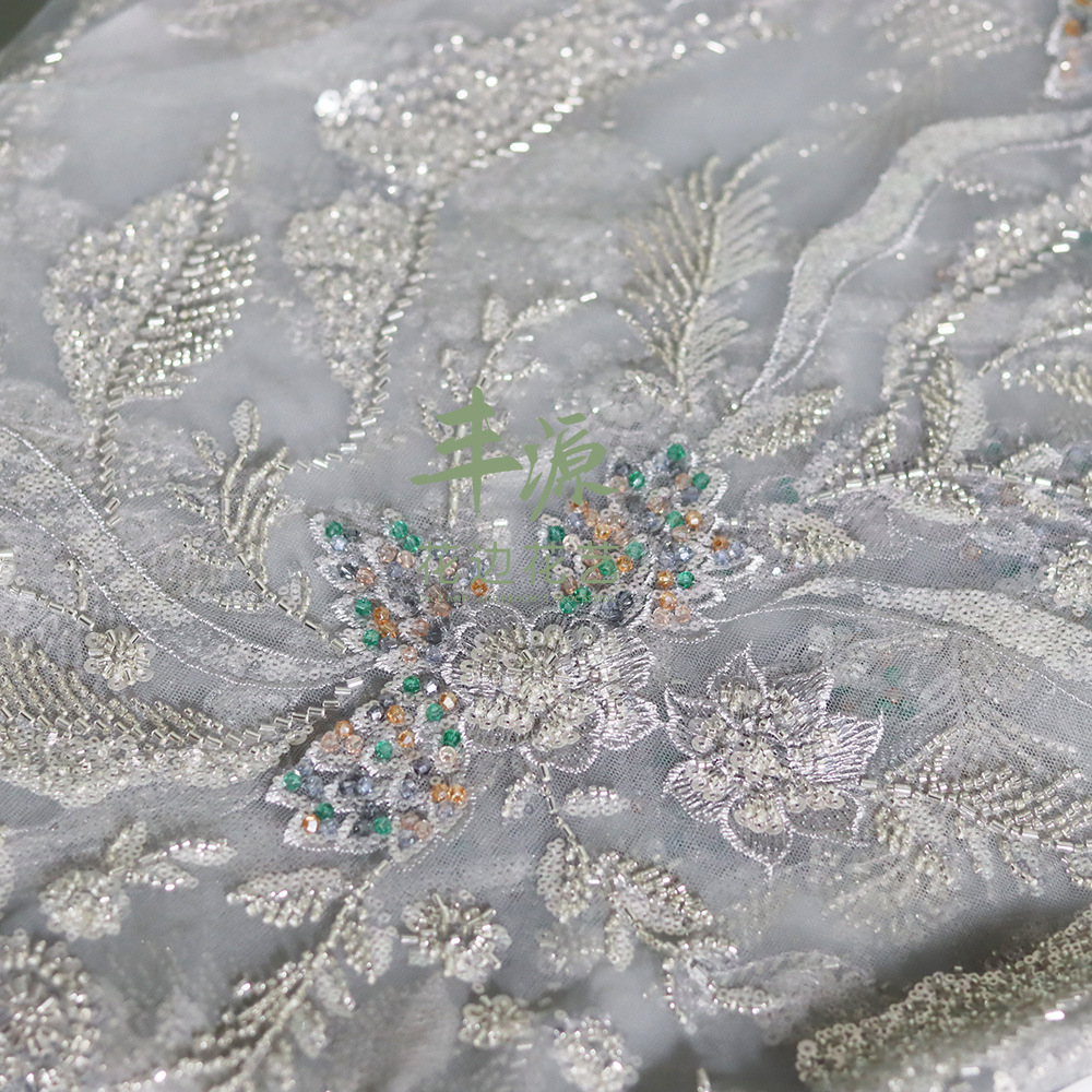 Beaded embroidery fabric for high-end custom-made wedding dresses and evening gowns. Beaded embroidery fabric pic 3