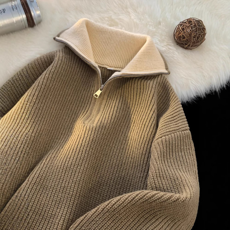 Half Zip Sweater Men's Spring and Autumn Thickened Japanese Style Casual Style Retro Knitted Sweater Loose Casual Laps Jacket Half Zip Sweater Men's Spring and Autumn Thickened Japanese Style Casual Style Retro Knitted Sweater Loose Casual Laps Jacket
