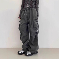 梵思羽水泥灰美式阔腿工装裤女2025秋季高腰直筒宽松拖地牛仔裤子