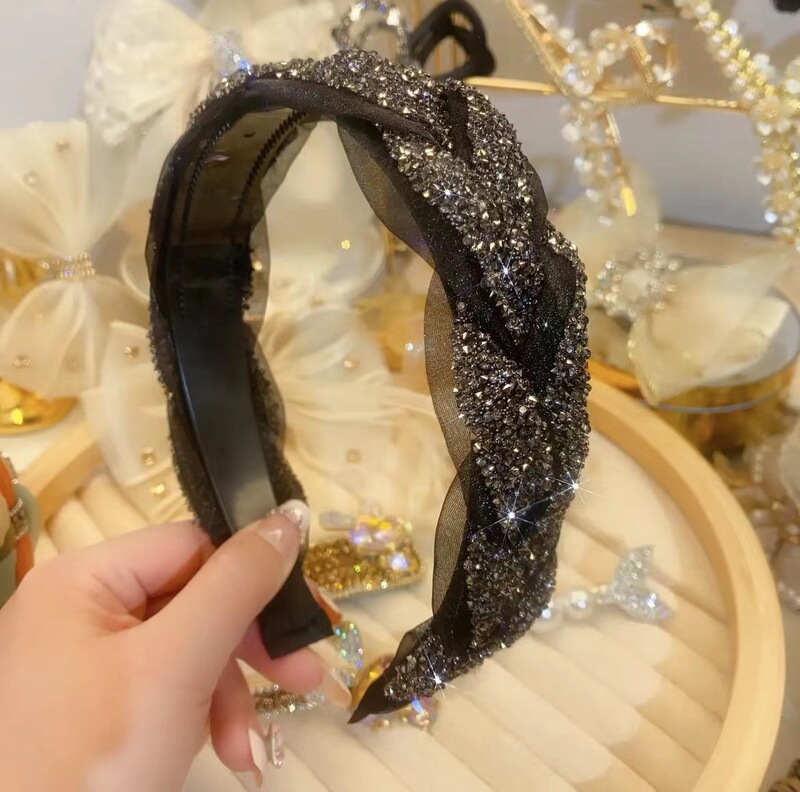 Non-slip rhinestone heavy-industry wide-brimmed braid hairband women's blast furnace top haircard plate hair organza high-grade haircard head