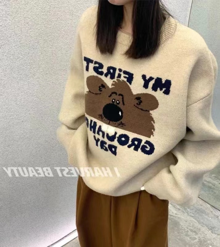 慵懒风长袖毛衣女装秋季2025新款小熊提花宽松中长款外穿针织上衣|undefined