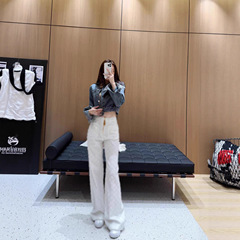 南油高端女装2025年早秋Lou*新款长裤老花提花高腰直筒牛仔裤女