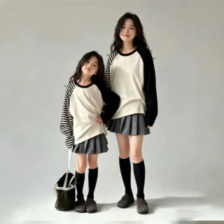 亲子装母女套装2026春秋新款韩版插肩袖T恤灰色百褶裙两件套潮