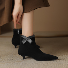 羊皮蝴蝶结短靴女2023秋季新款女靴韩版尖头中跟小皮靴一件代发