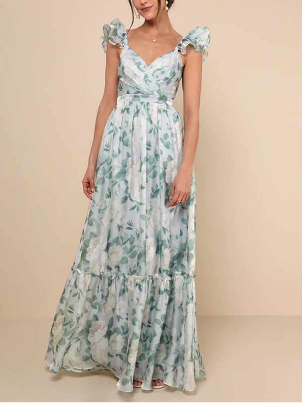 Women's Sexy Printed Deep V Ruffle Backless Top European American Style Summer Fashion Suspender Design_ecoleips.com